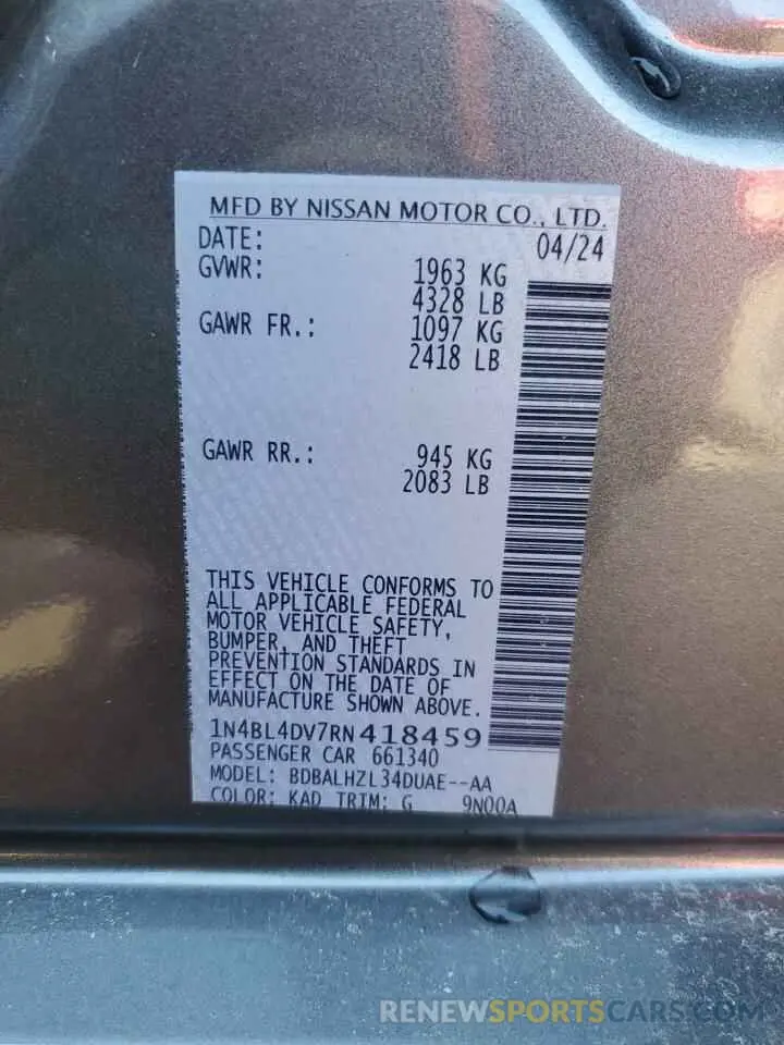 12 Photograph of a damaged car 1N4BL4DV7RN418459 NISSAN ALTIMA 2024