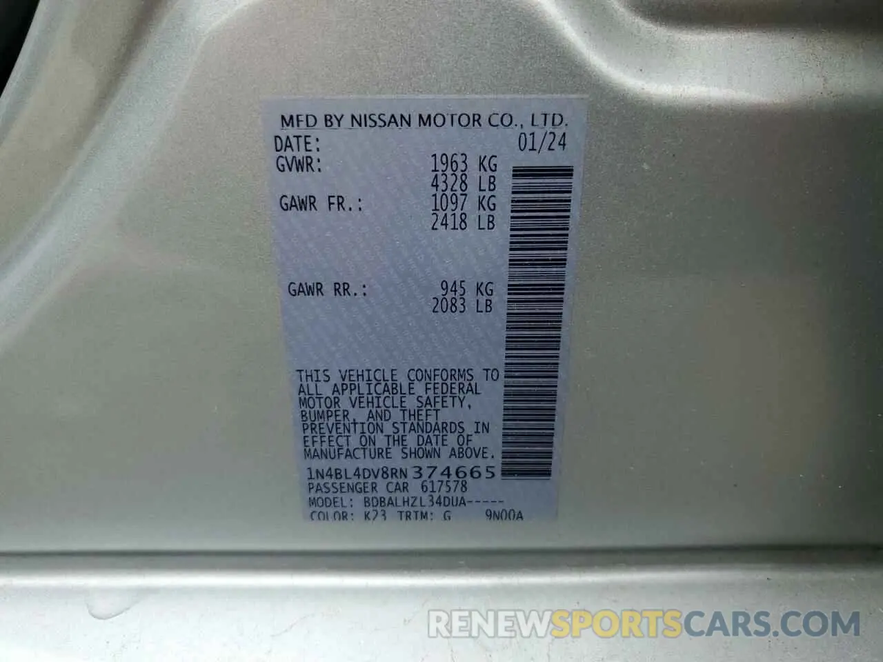 13 Photograph of a damaged car 1N4BL4DV8RN374665 NISSAN ALTIMA 2024