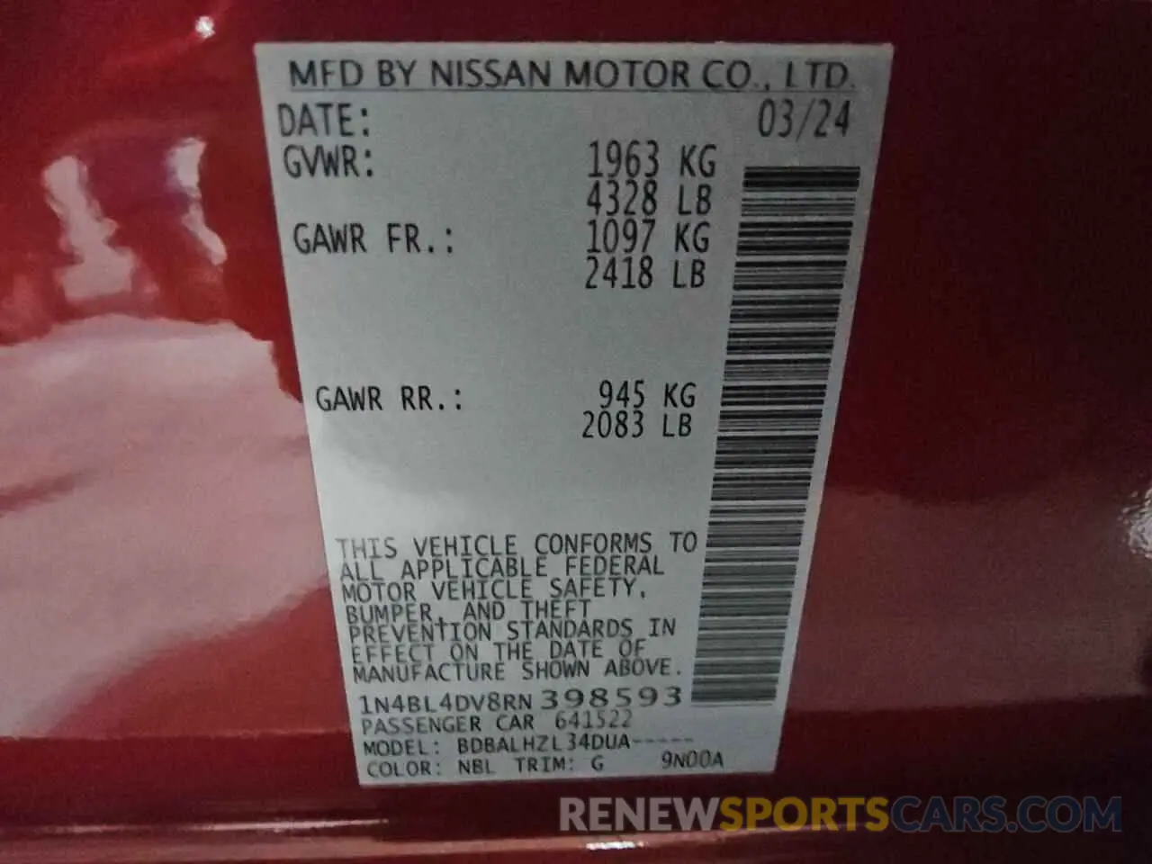 13 Photograph of a damaged car 1N4BL4DV8RN398593 NISSAN ALTIMA 2024