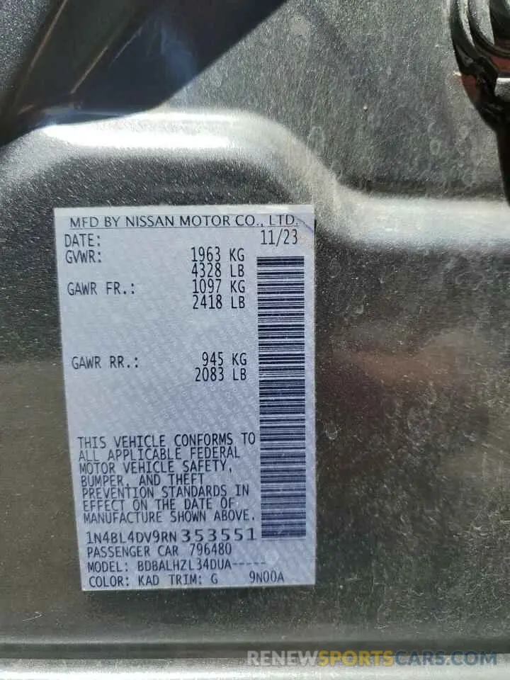 12 Photograph of a damaged car 1N4BL4DV9RN353551 NISSAN ALTIMA 2024