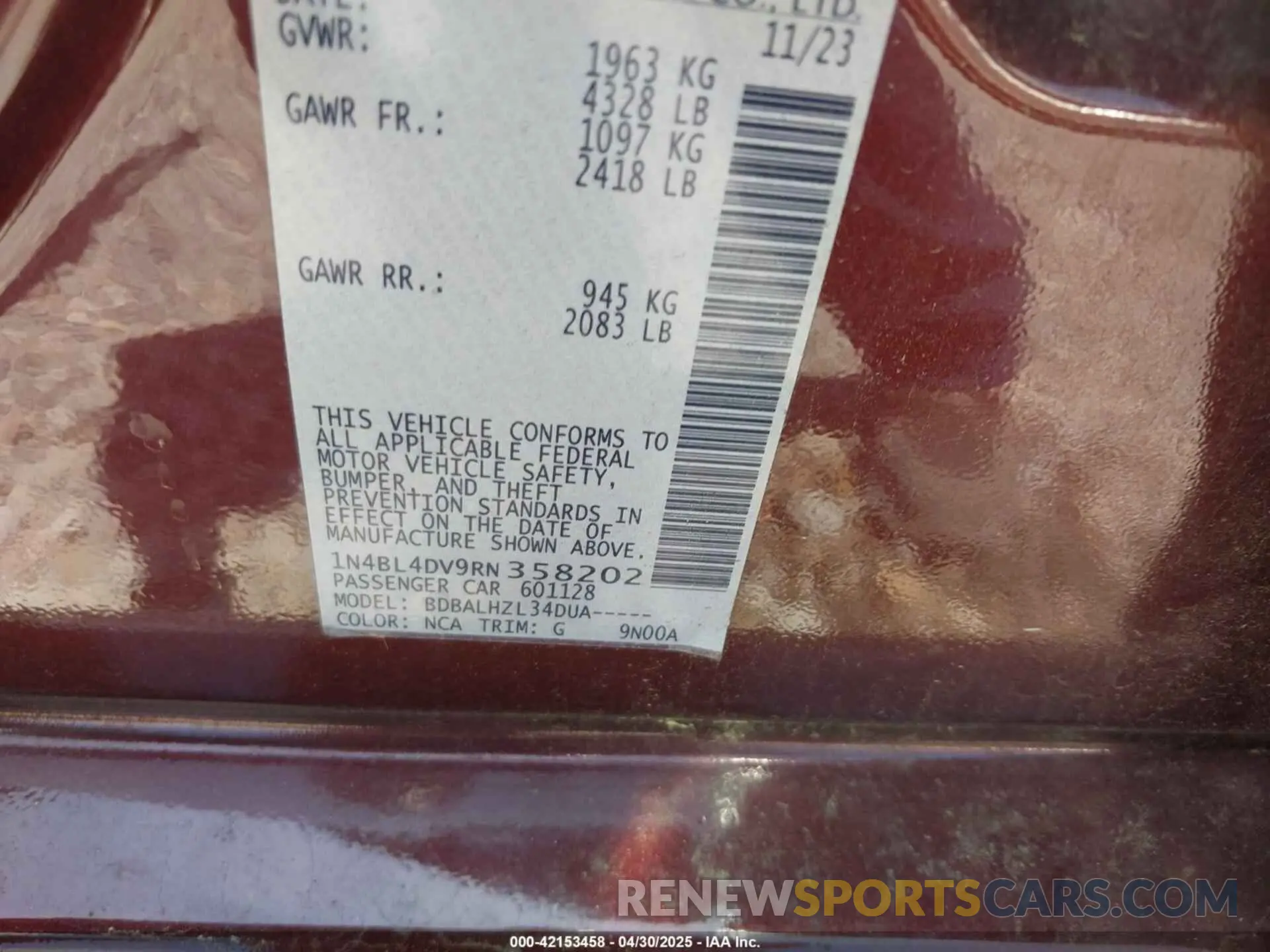 9 Photograph of a damaged car 1N4BL4DV9RN358202 NISSAN ALTIMA 2024