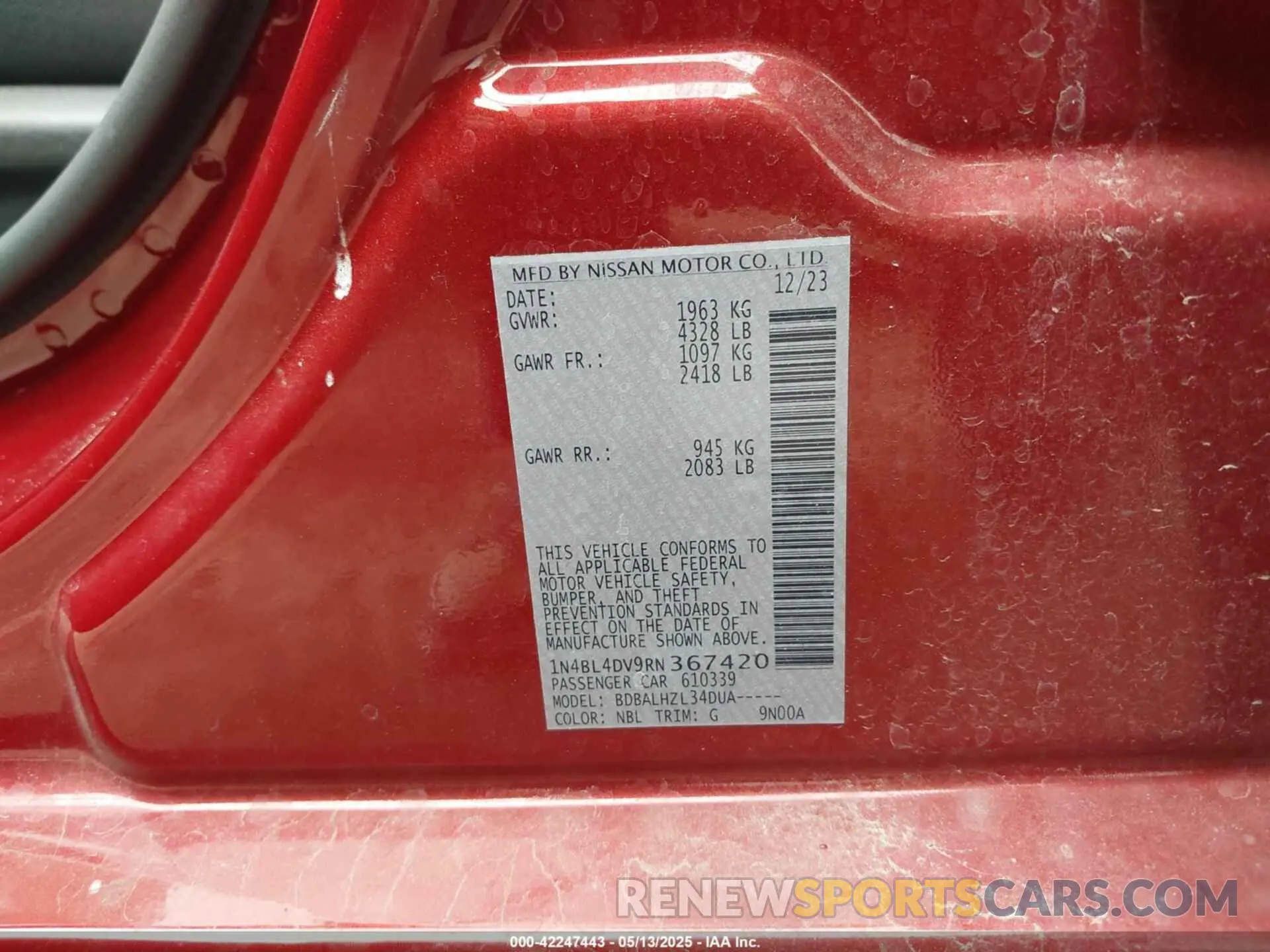 9 Photograph of a damaged car 1N4BL4DV9RN367420 NISSAN ALTIMA 2024