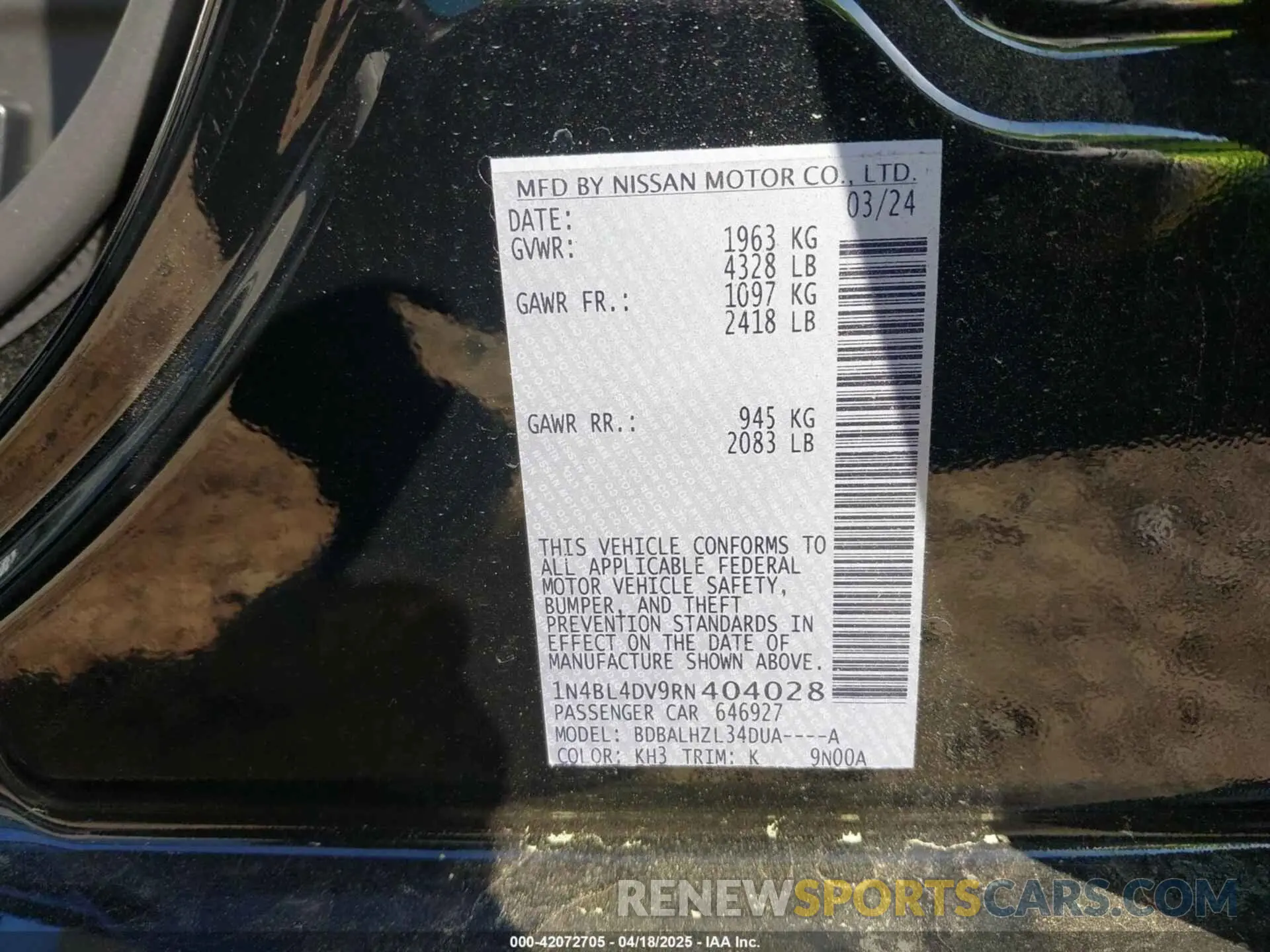 9 Photograph of a damaged car 1N4BL4DV9RN404028 NISSAN ALTIMA 2024