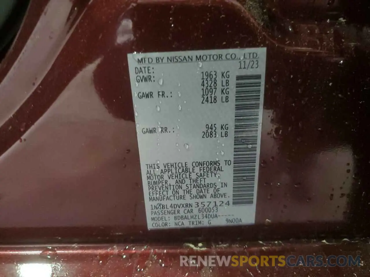 13 Photograph of a damaged car 1N4BL4DVXRN357124 NISSAN ALTIMA 2024