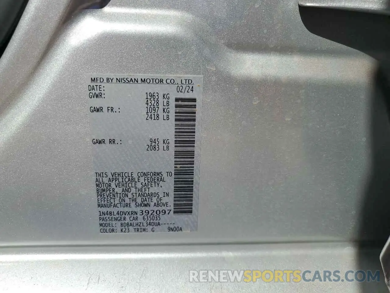 13 Photograph of a damaged car 1N4BL4DVXRN392097 NISSAN ALTIMA 2024