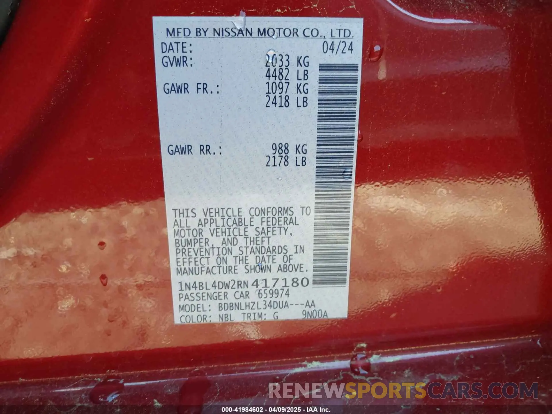 9 Photograph of a damaged car 1N4BL4DW2RN417180 NISSAN ALTIMA 2024