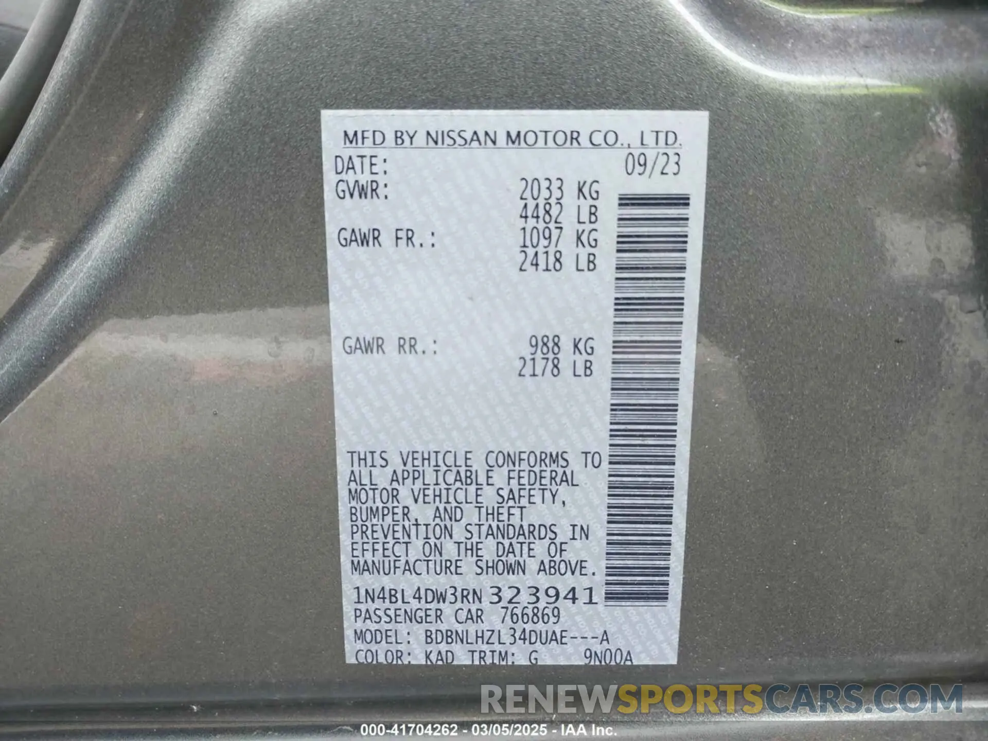 9 Photograph of a damaged car 1N4BL4DW3RN323941 NISSAN ALTIMA 2024