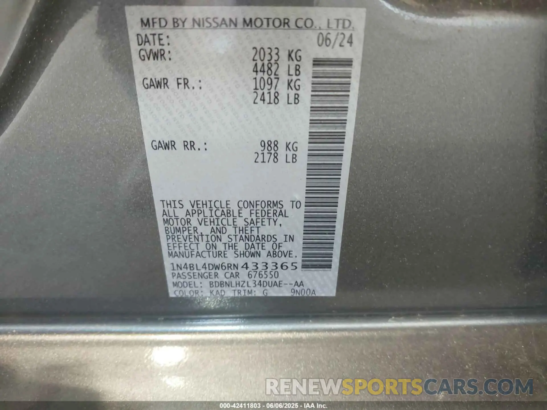9 Photograph of a damaged car 1N4BL4DW6RN433365 NISSAN ALTIMA 2024
