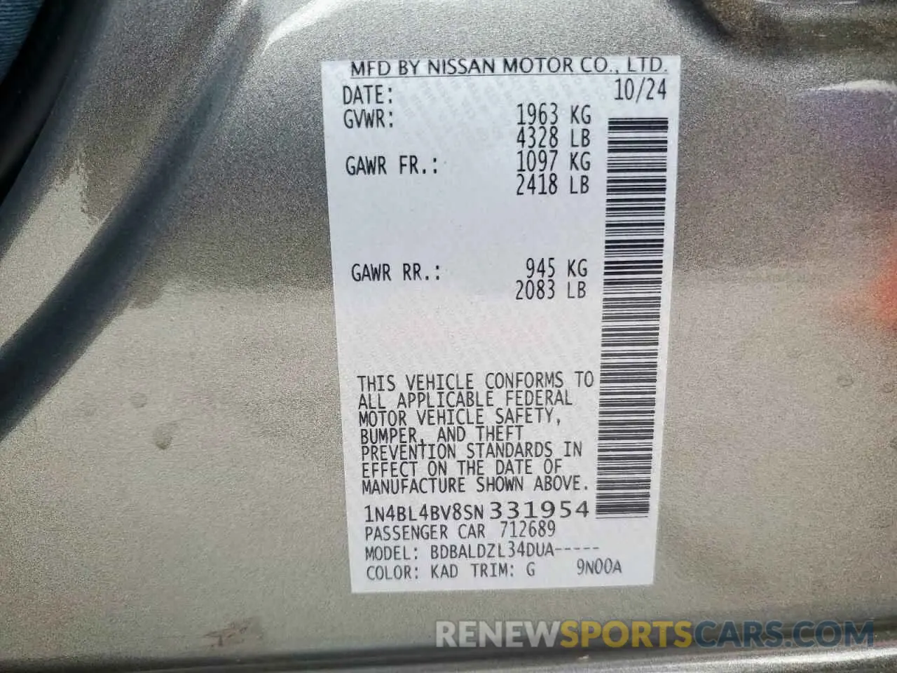13 Photograph of a damaged car 1N4BL4BV8SN331954 NISSAN ALTIMA 2025