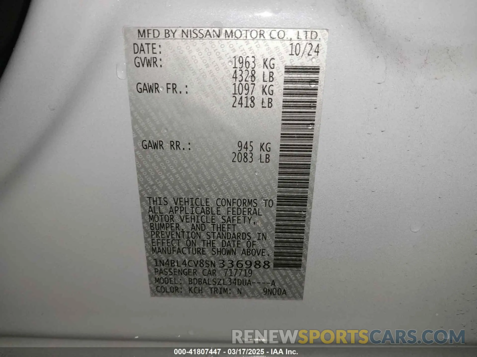 9 Photograph of a damaged car 1N4BL4CV8SN336988 NISSAN ALTIMA 2025