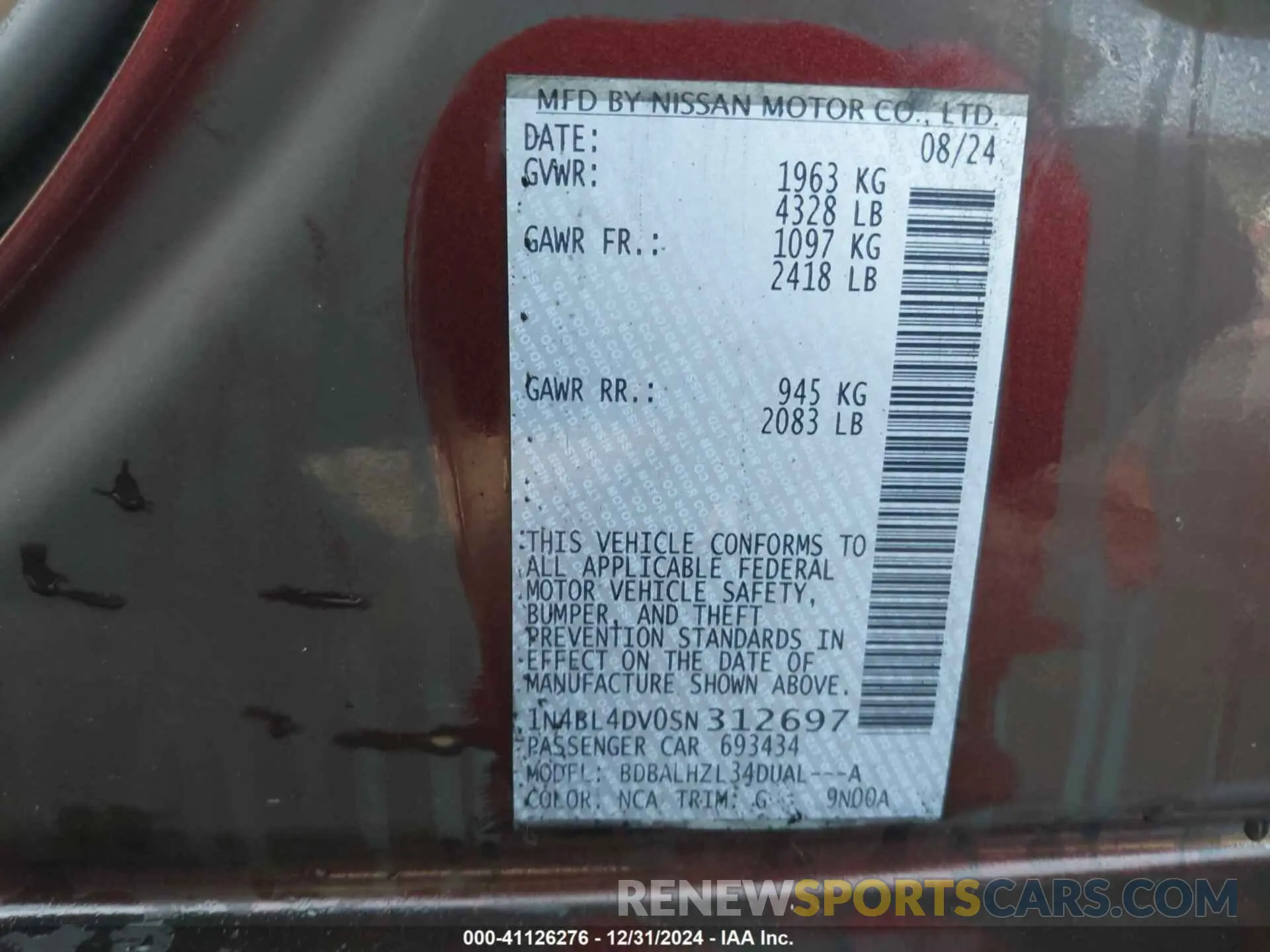9 Photograph of a damaged car 1N4BL4DV0SN312697 NISSAN ALTIMA 2025