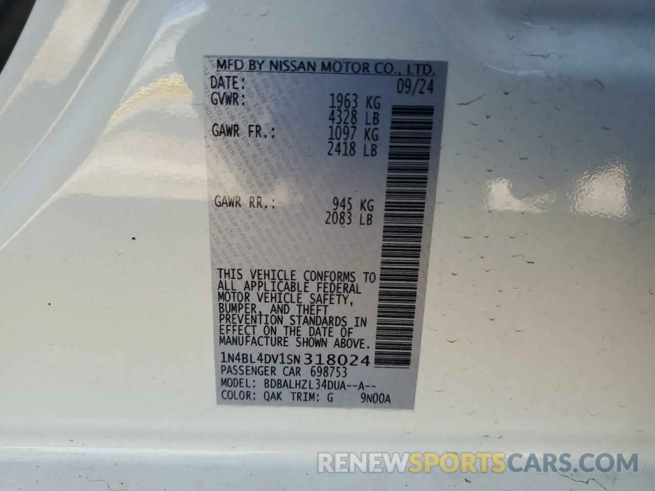 12 Photograph of a damaged car 1N4BL4DV1SN318024 NISSAN ALTIMA 2025