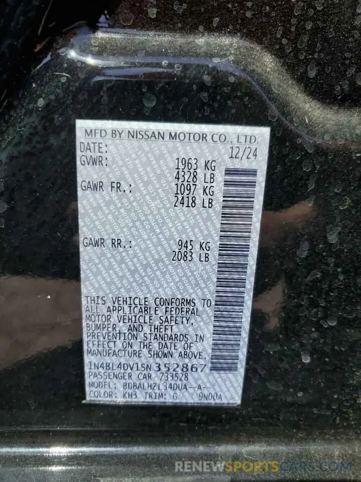 12 Photograph of a damaged car 1N4BL4DV1SN352867 NISSAN ALTIMA 2025