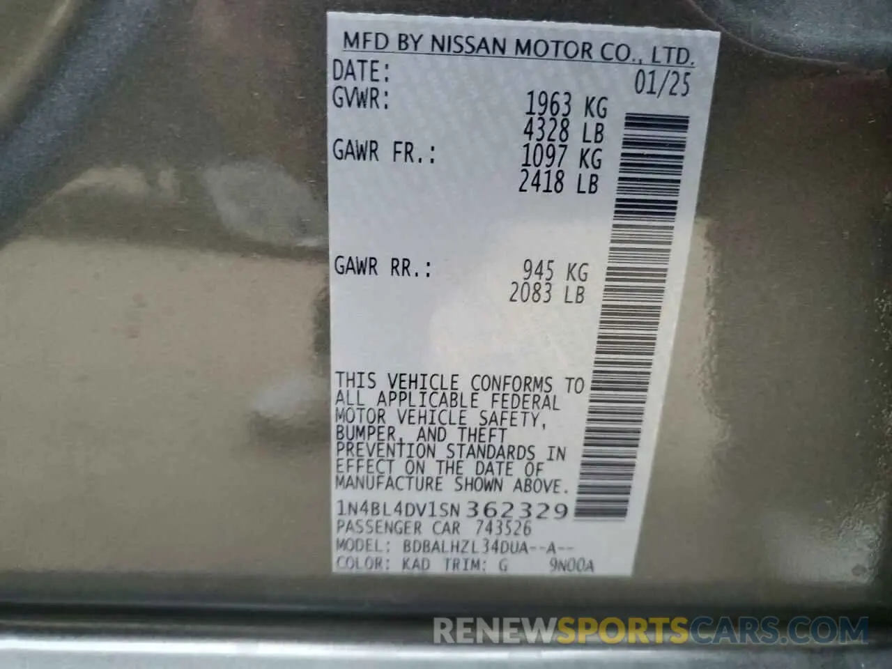 12 Photograph of a damaged car 1N4BL4DV1SN362329 NISSAN ALTIMA 2025