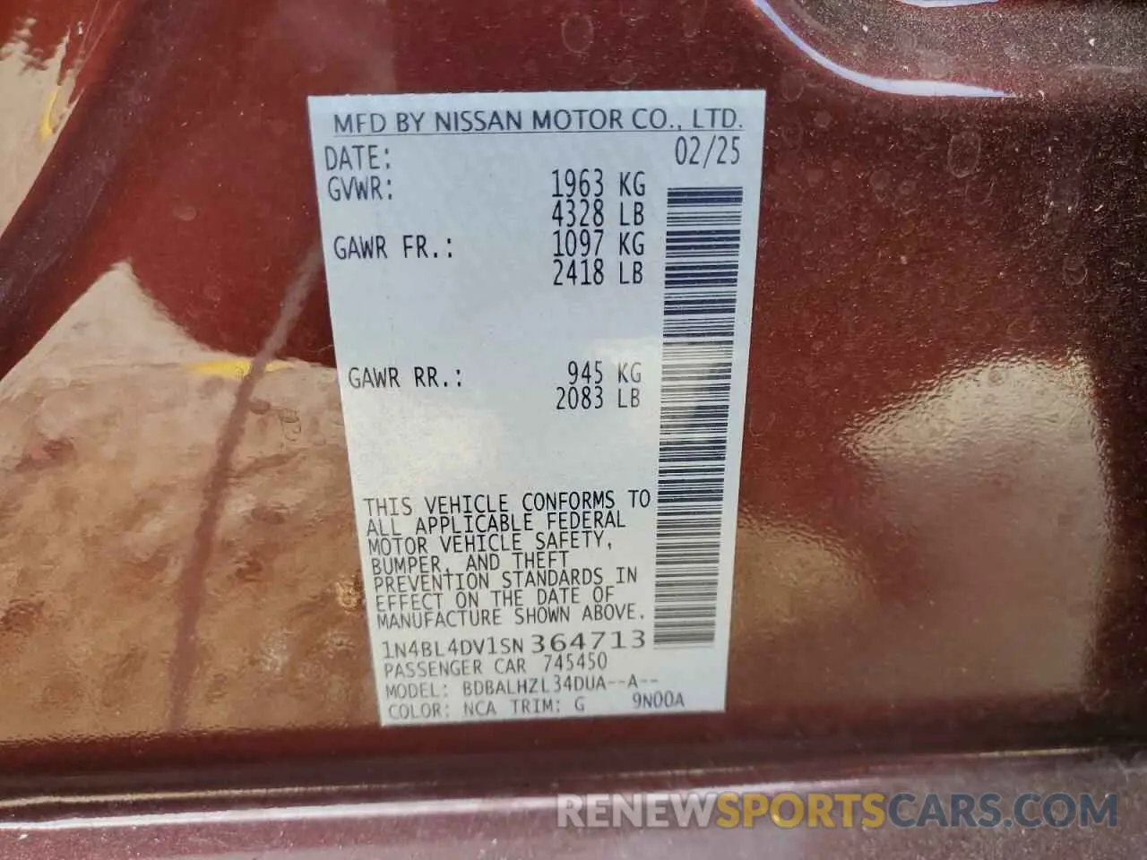 12 Photograph of a damaged car 1N4BL4DV1SN364713 NISSAN ALTIMA 2025