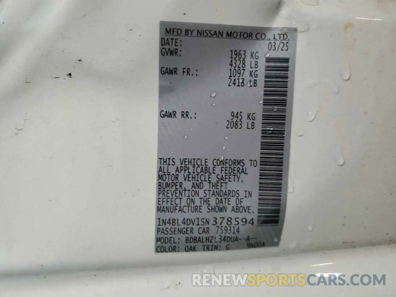 12 Photograph of a damaged car 1N4BL4DV1SN378594 NISSAN ALTIMA 2025