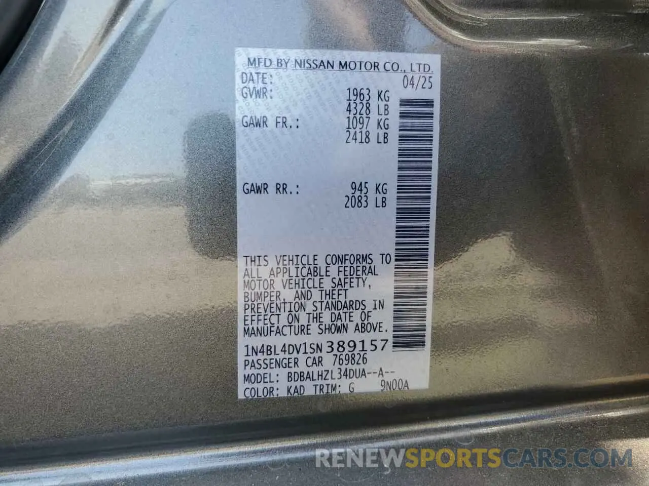 12 Photograph of a damaged car 1N4BL4DV1SN389157 NISSAN ALTIMA 2025