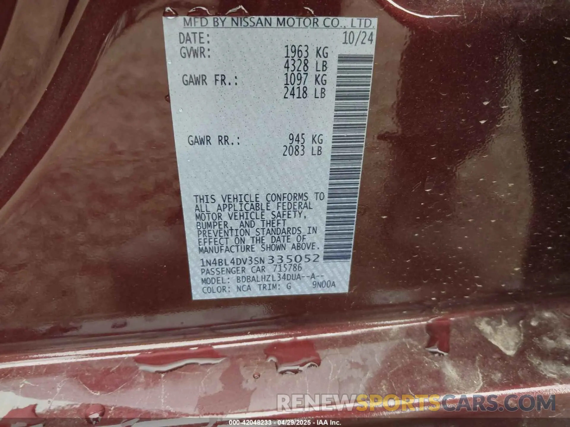 9 Photograph of a damaged car 1N4BL4DV3SN335052 NISSAN ALTIMA 2025