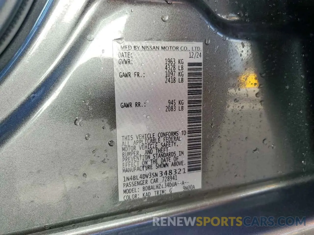 12 Photograph of a damaged car 1N4BL4DV3SN348321 NISSAN ALTIMA 2025