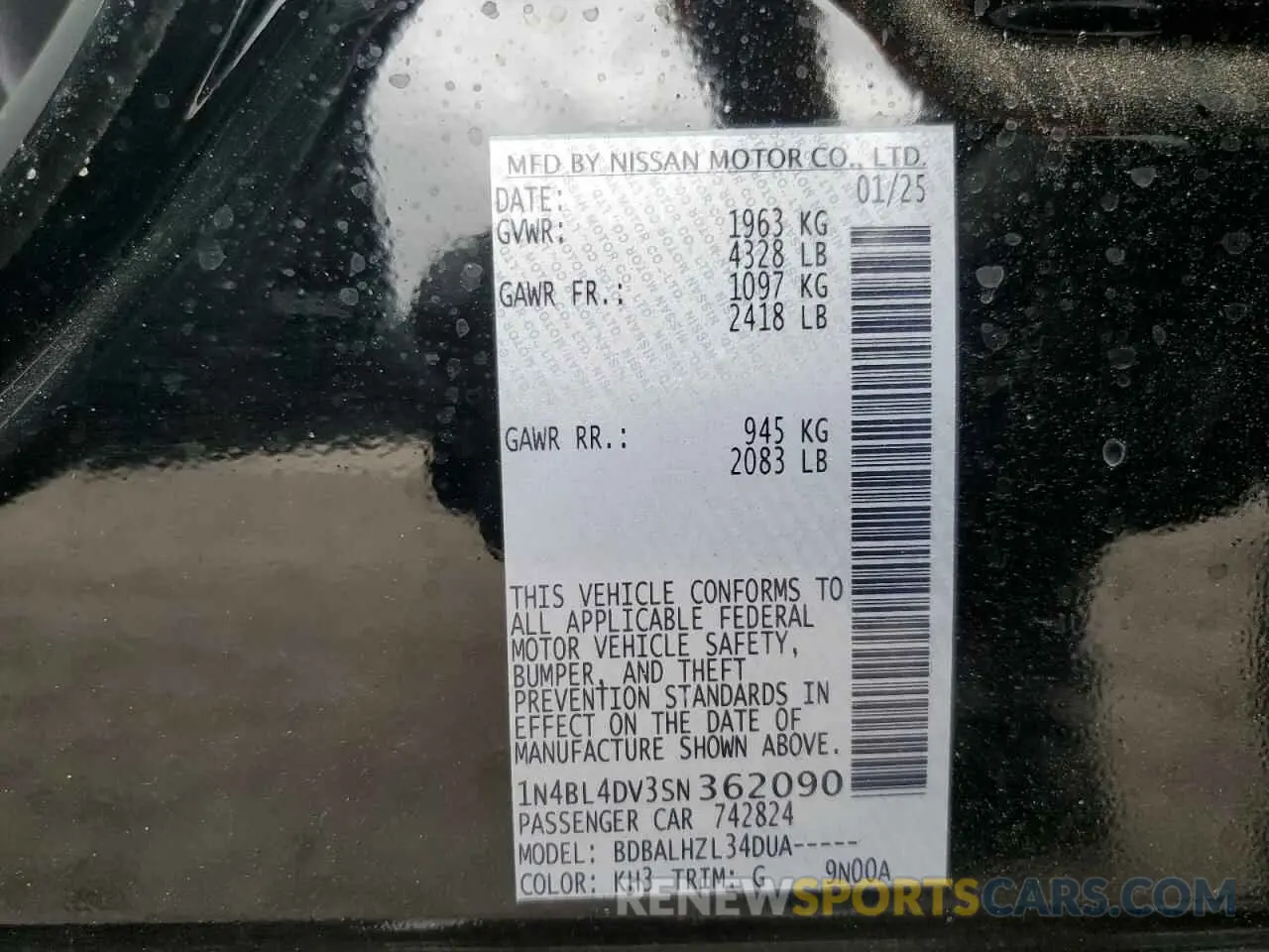 12 Photograph of a damaged car 1N4BL4DV3SN362090 NISSAN ALTIMA 2025