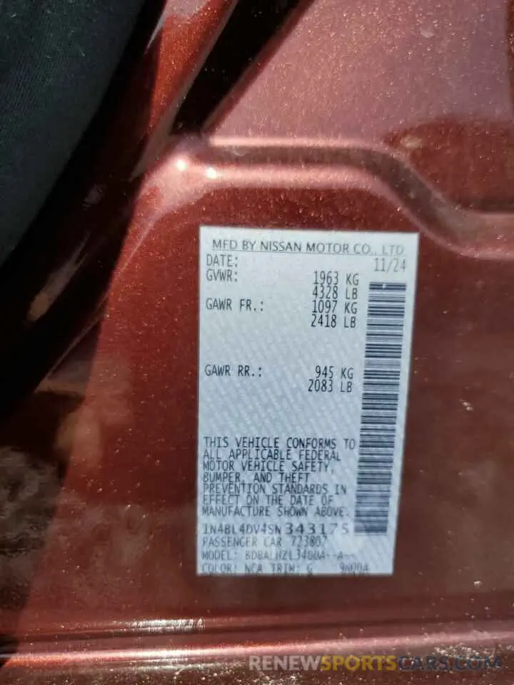 12 Photograph of a damaged car 1N4BL4DV4SN343175 NISSAN ALTIMA 2025