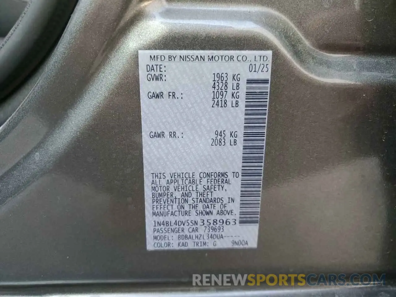 12 Photograph of a damaged car 1N4BL4DV5SN358963 NISSAN ALTIMA 2025