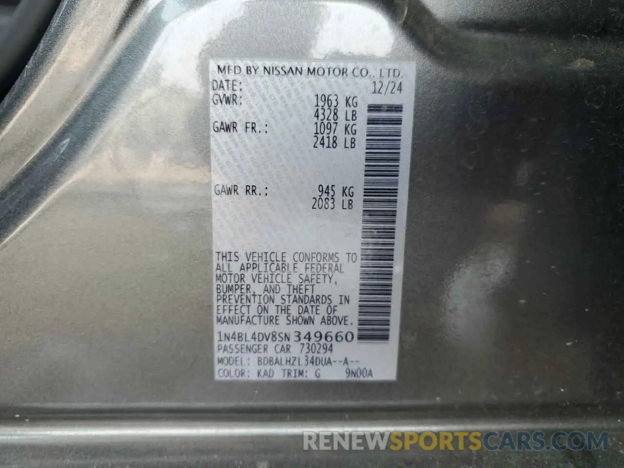 12 Photograph of a damaged car 1N4BL4DV8SN349660 NISSAN ALTIMA 2025