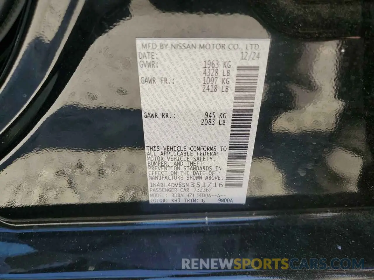 12 Photograph of a damaged car 1N4BL4DV8SN351716 NISSAN ALTIMA 2025