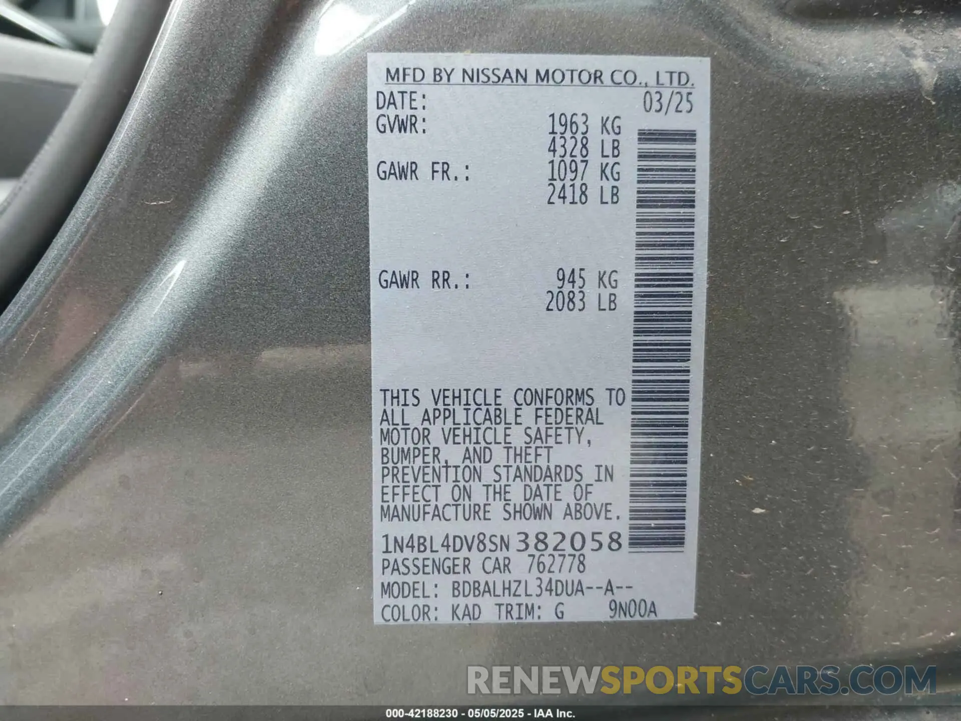 9 Photograph of a damaged car 1N4BL4DV8SN382058 NISSAN ALTIMA 2025