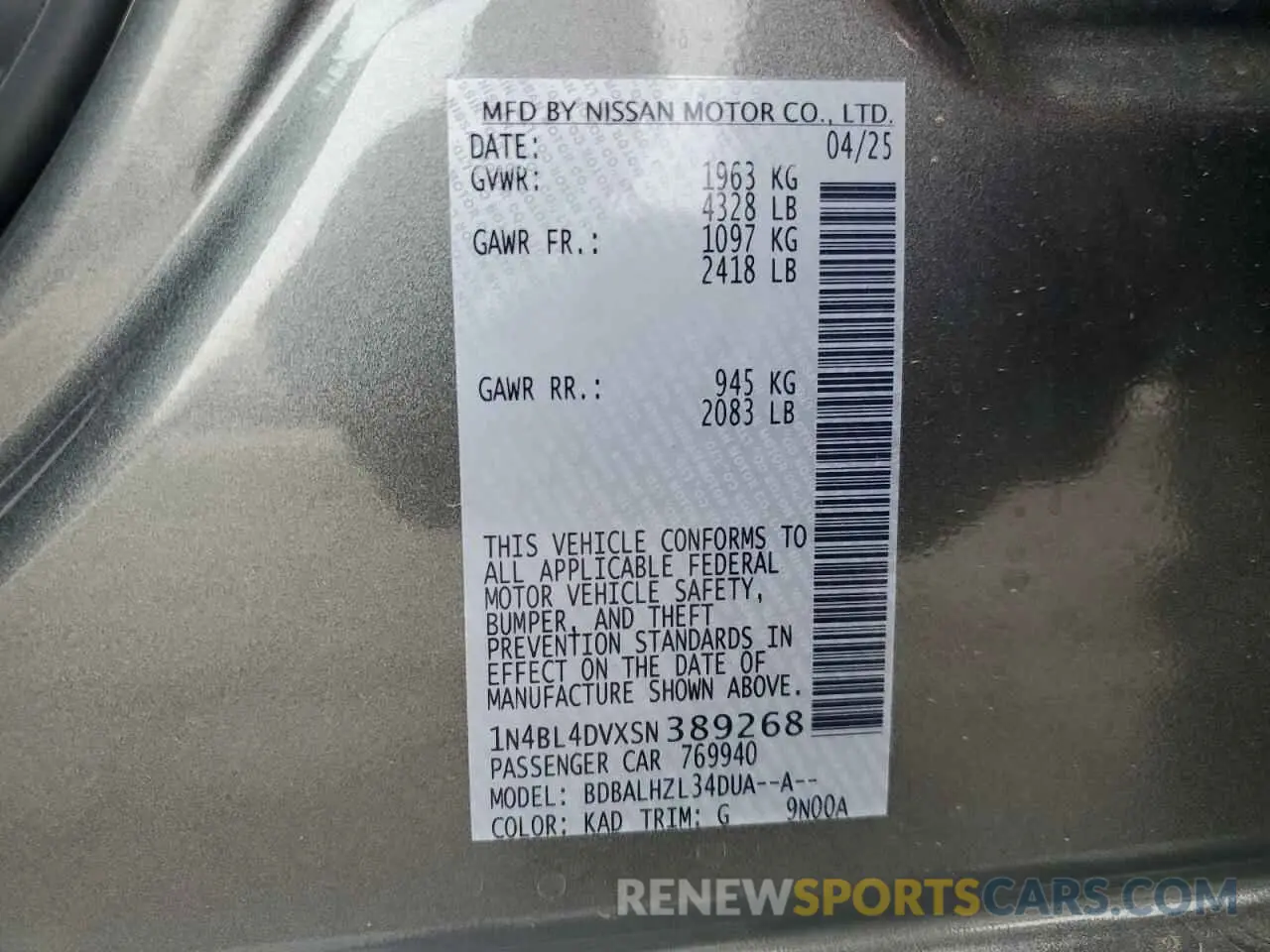12 Photograph of a damaged car 1N4BL4DVXSN389268 NISSAN ALTIMA 2025