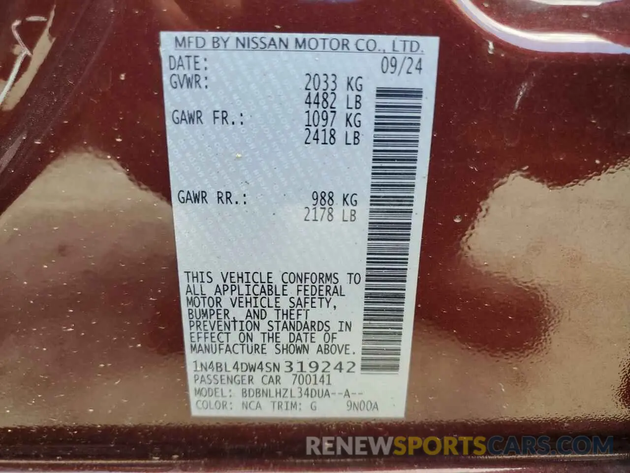 12 Photograph of a damaged car 1N4BL4DW4SN319242 NISSAN ALTIMA 2025