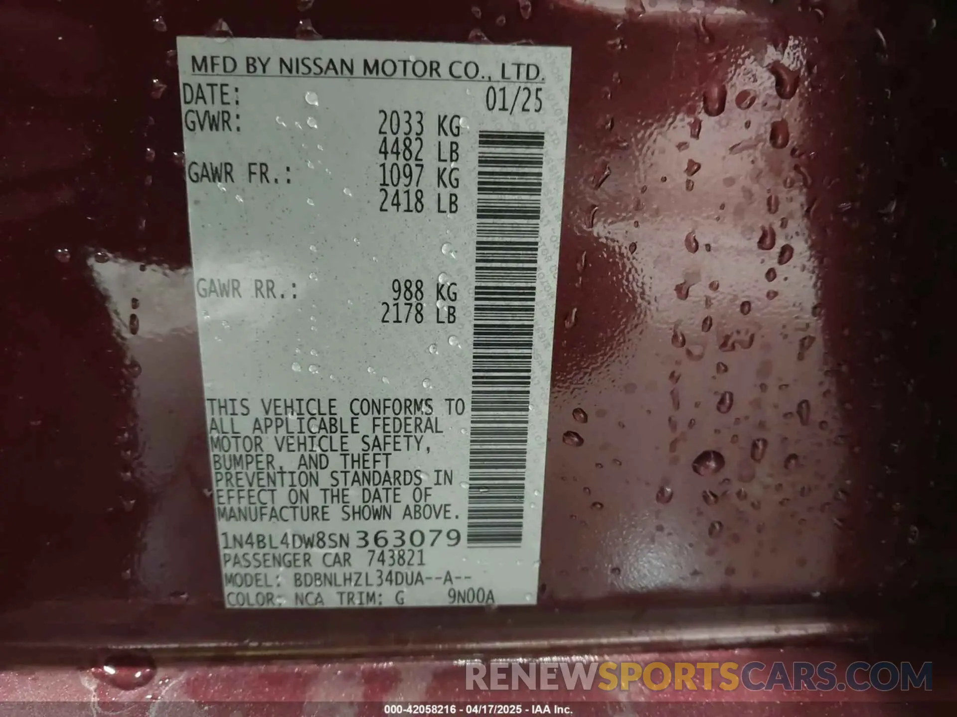 9 Photograph of a damaged car 1N4BL4DW8SN363079 NISSAN ALTIMA 2025