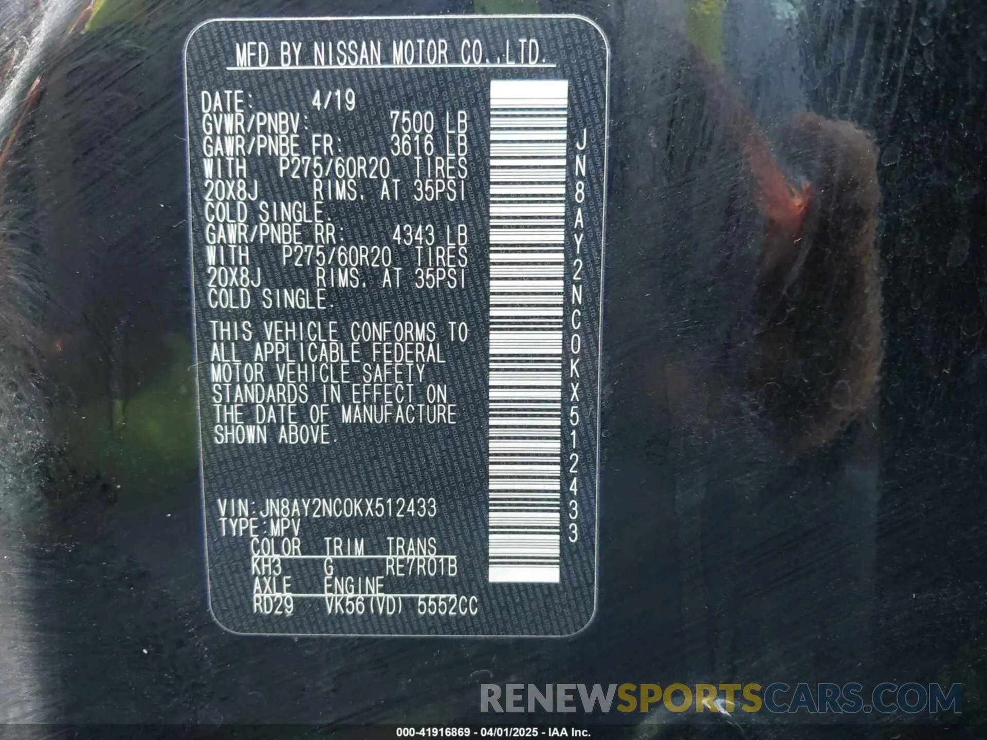 9 Photograph of a damaged car JN8AY2NC0KX512433 NISSAN ARMADA 2019