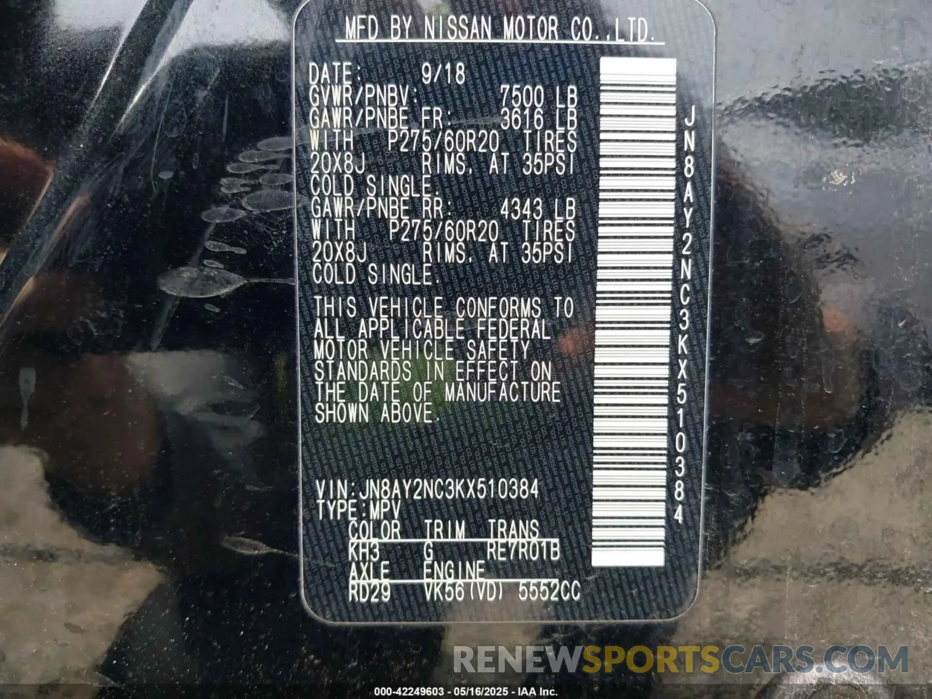 9 Photograph of a damaged car JN8AY2NC3KX510384 NISSAN ARMADA 2019