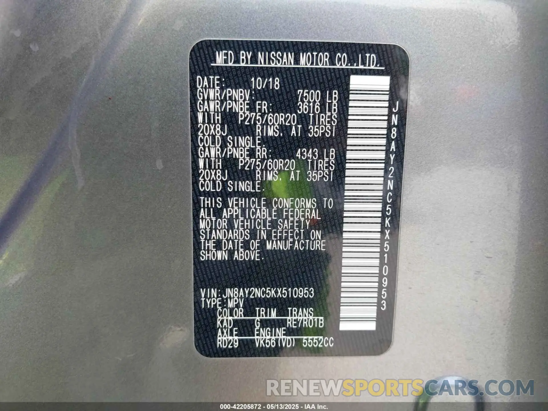 9 Photograph of a damaged car JN8AY2NC5KX510953 NISSAN ARMADA 2019