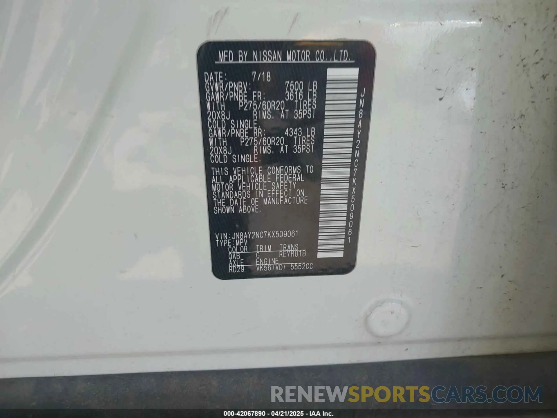 9 Photograph of a damaged car JN8AY2NC7KX509061 NISSAN ARMADA 2019