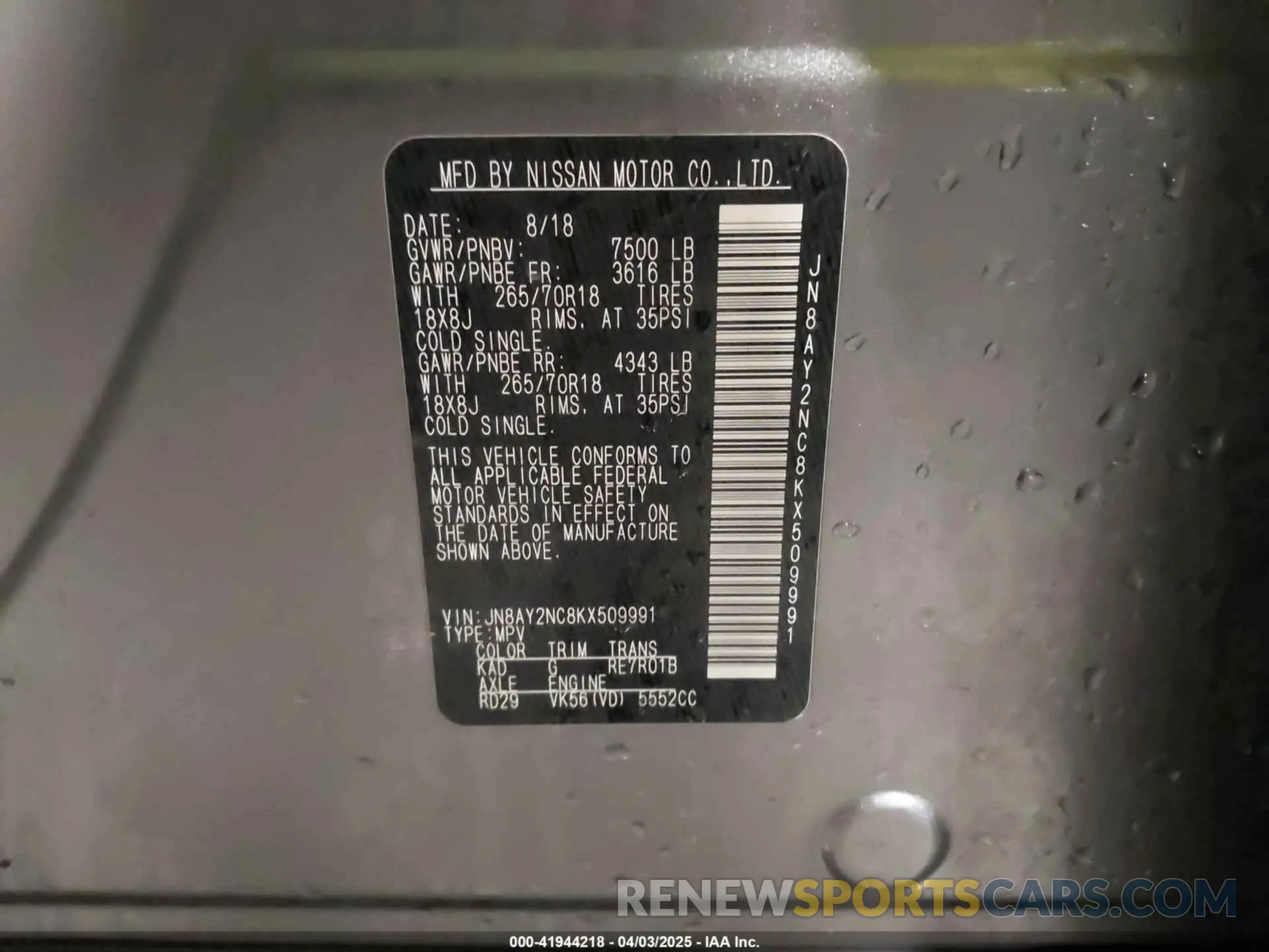 9 Photograph of a damaged car JN8AY2NC8KX509991 NISSAN ARMADA 2019