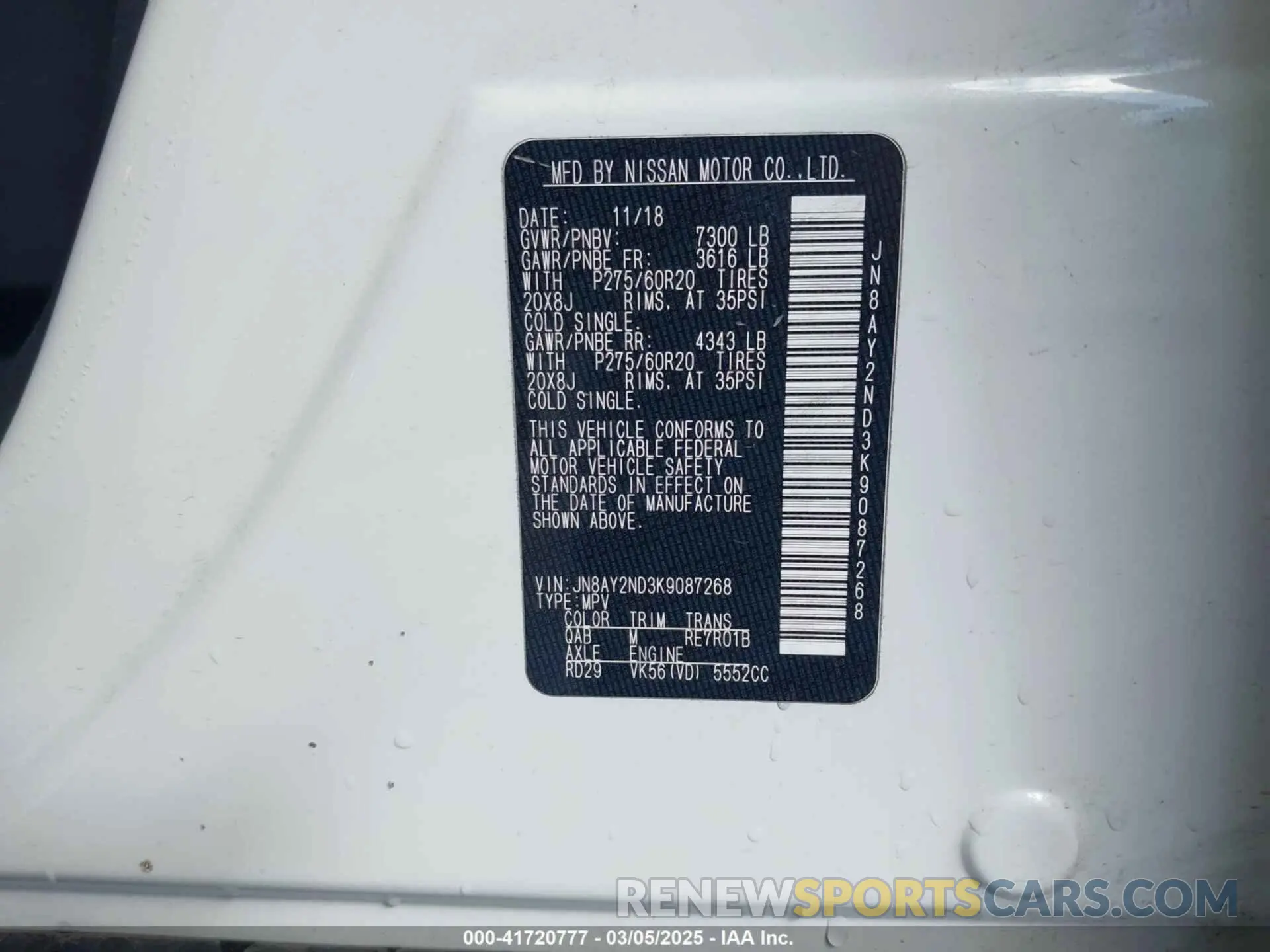 9 Photograph of a damaged car JN8AY2ND3K9087268 NISSAN ARMADA 2019