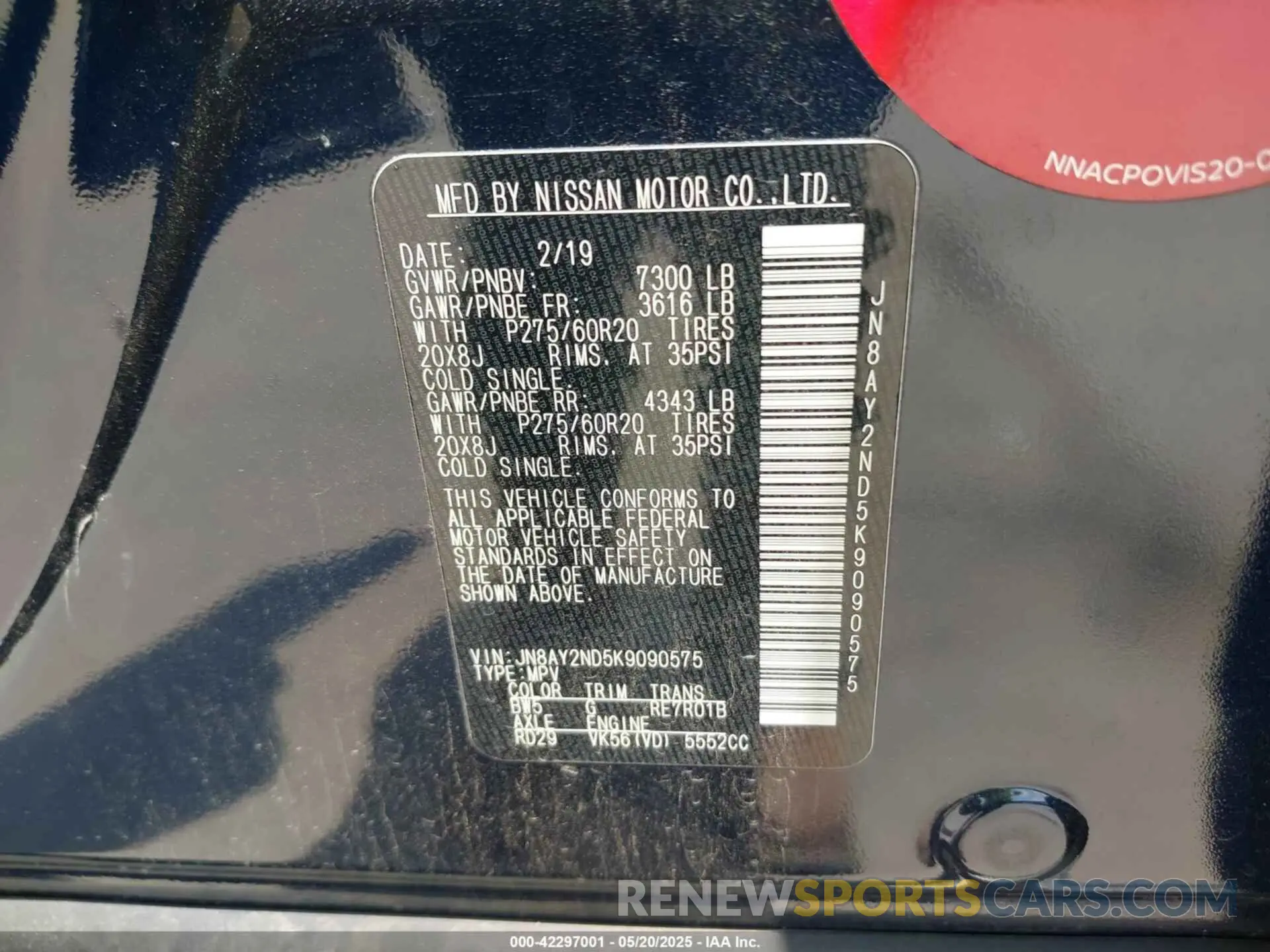 9 Photograph of a damaged car JN8AY2ND5K9090575 NISSAN ARMADA 2019