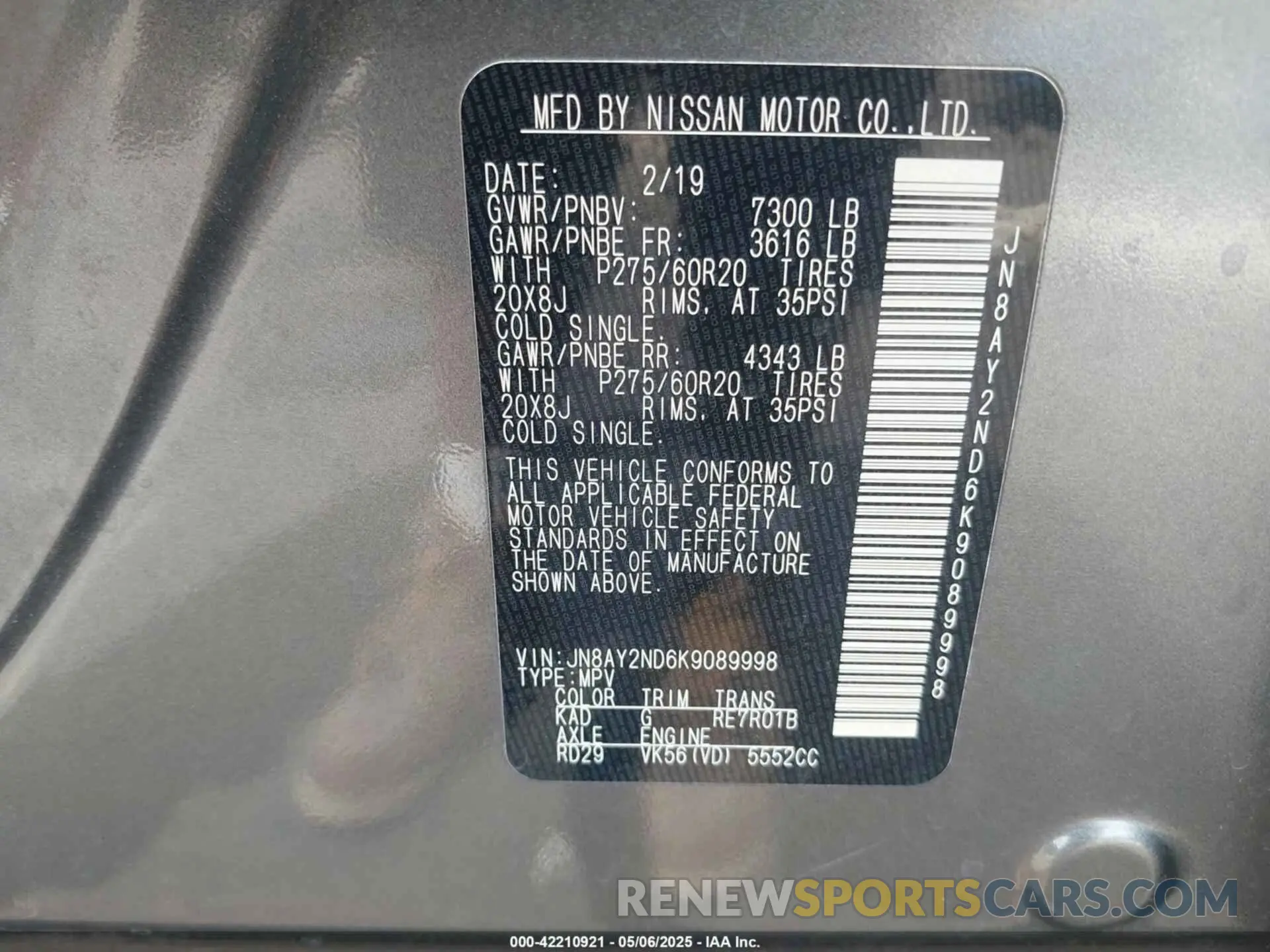 9 Photograph of a damaged car JN8AY2ND6K9089998 NISSAN ARMADA 2019
