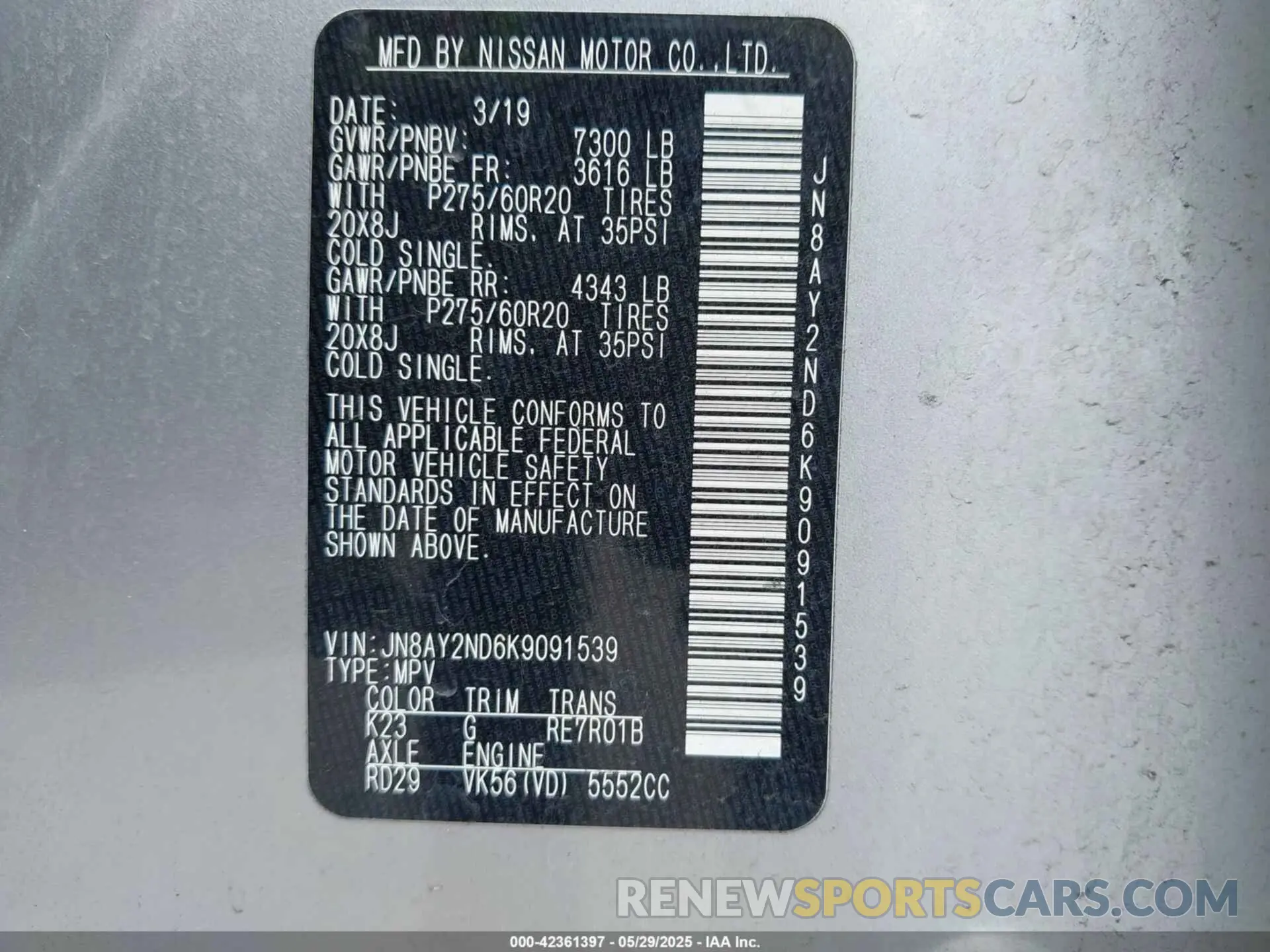 9 Photograph of a damaged car JN8AY2ND6K9091539 NISSAN ARMADA 2019