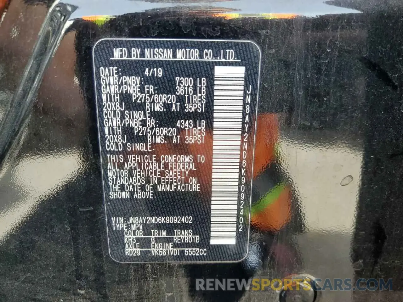 13 Photograph of a damaged car JN8AY2ND6K9092402 NISSAN ARMADA 2019