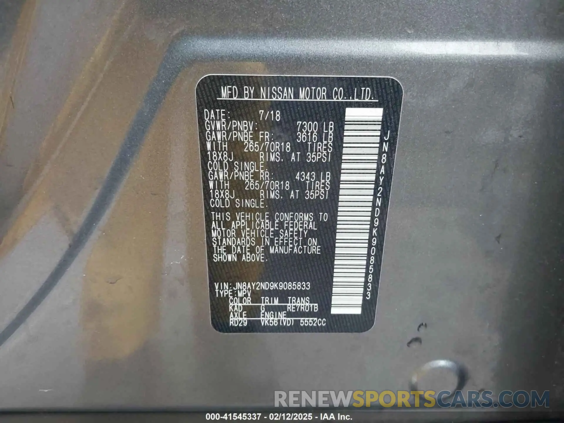 9 Photograph of a damaged car JN8AY2ND9K9085833 NISSAN ARMADA 2019