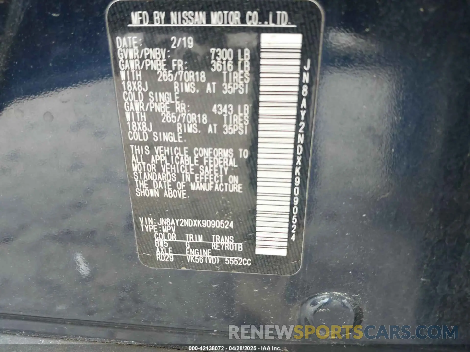 9 Photograph of a damaged car JN8AY2NDXK9090524 NISSAN ARMADA 2019