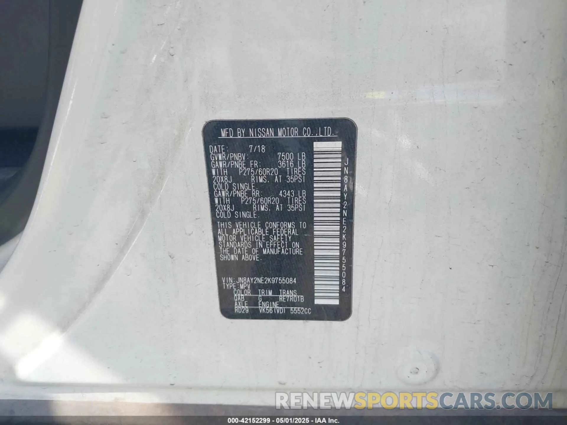 9 Photograph of a damaged car JN8AY2NE2K9755084 NISSAN ARMADA 2019