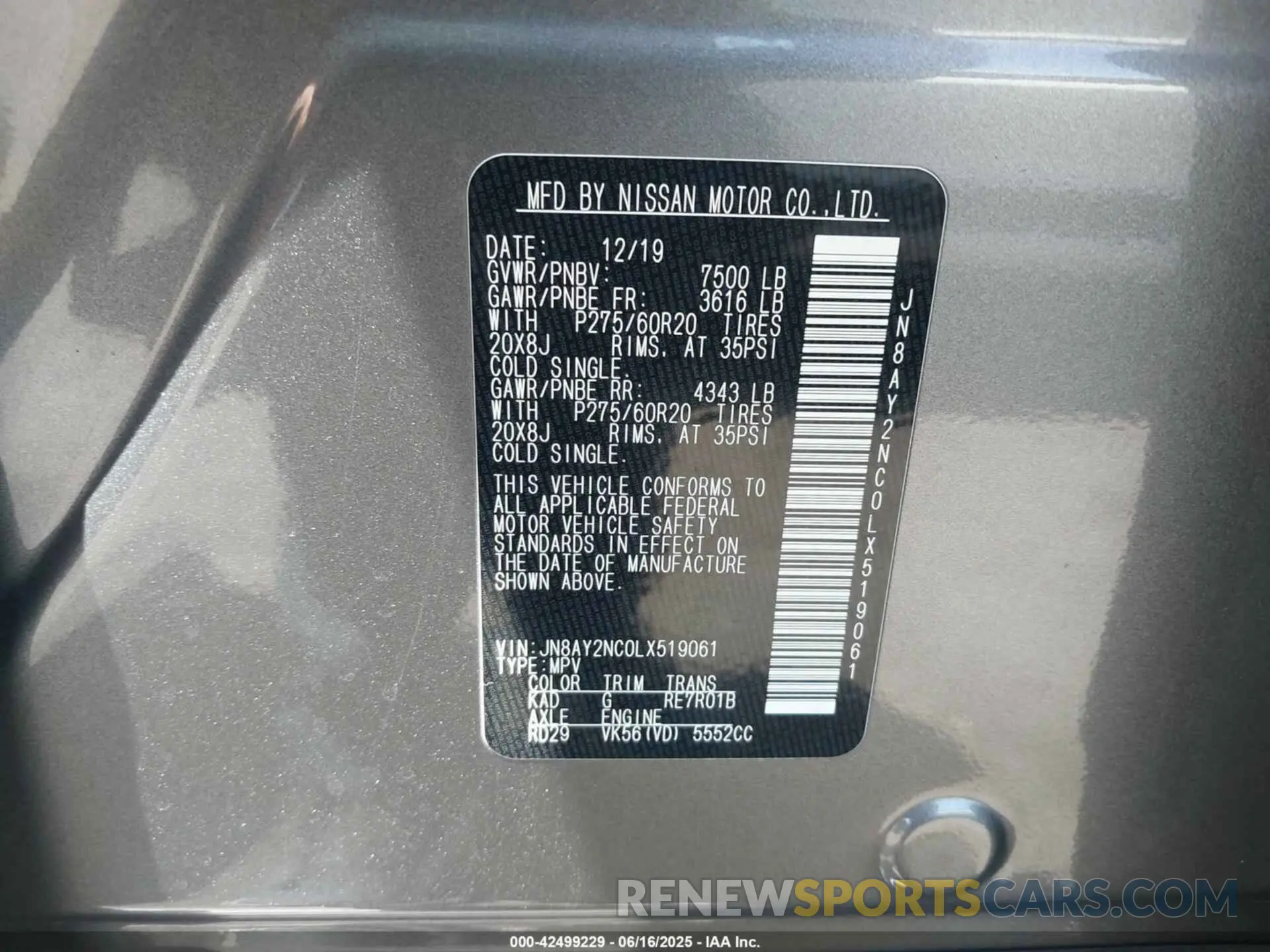 9 Photograph of a damaged car JN8AY2NC0LX519061 NISSAN ARMADA 2020