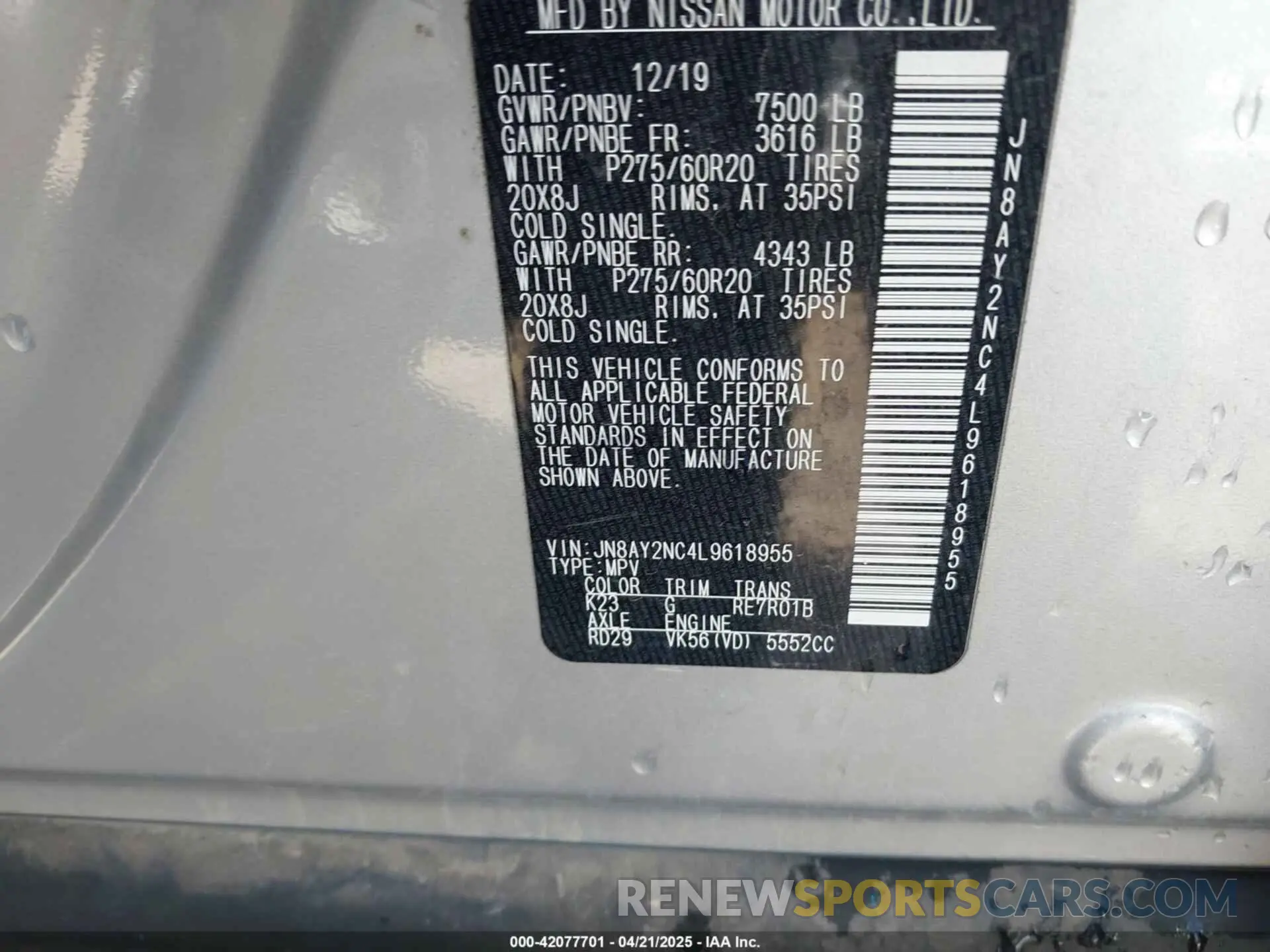 9 Photograph of a damaged car JN8AY2NC4L9618955 NISSAN ARMADA 2020