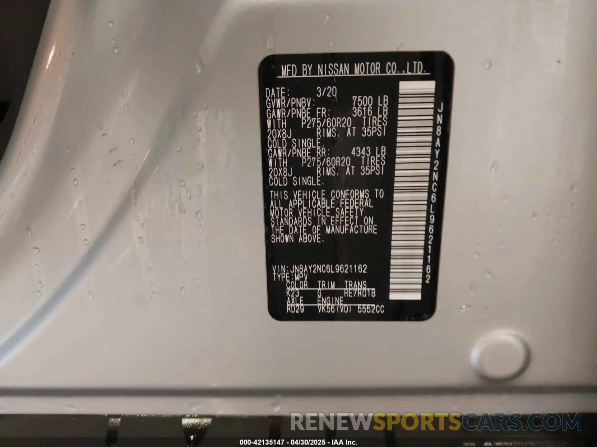 9 Photograph of a damaged car JN8AY2NC6L9621162 NISSAN ARMADA 2020