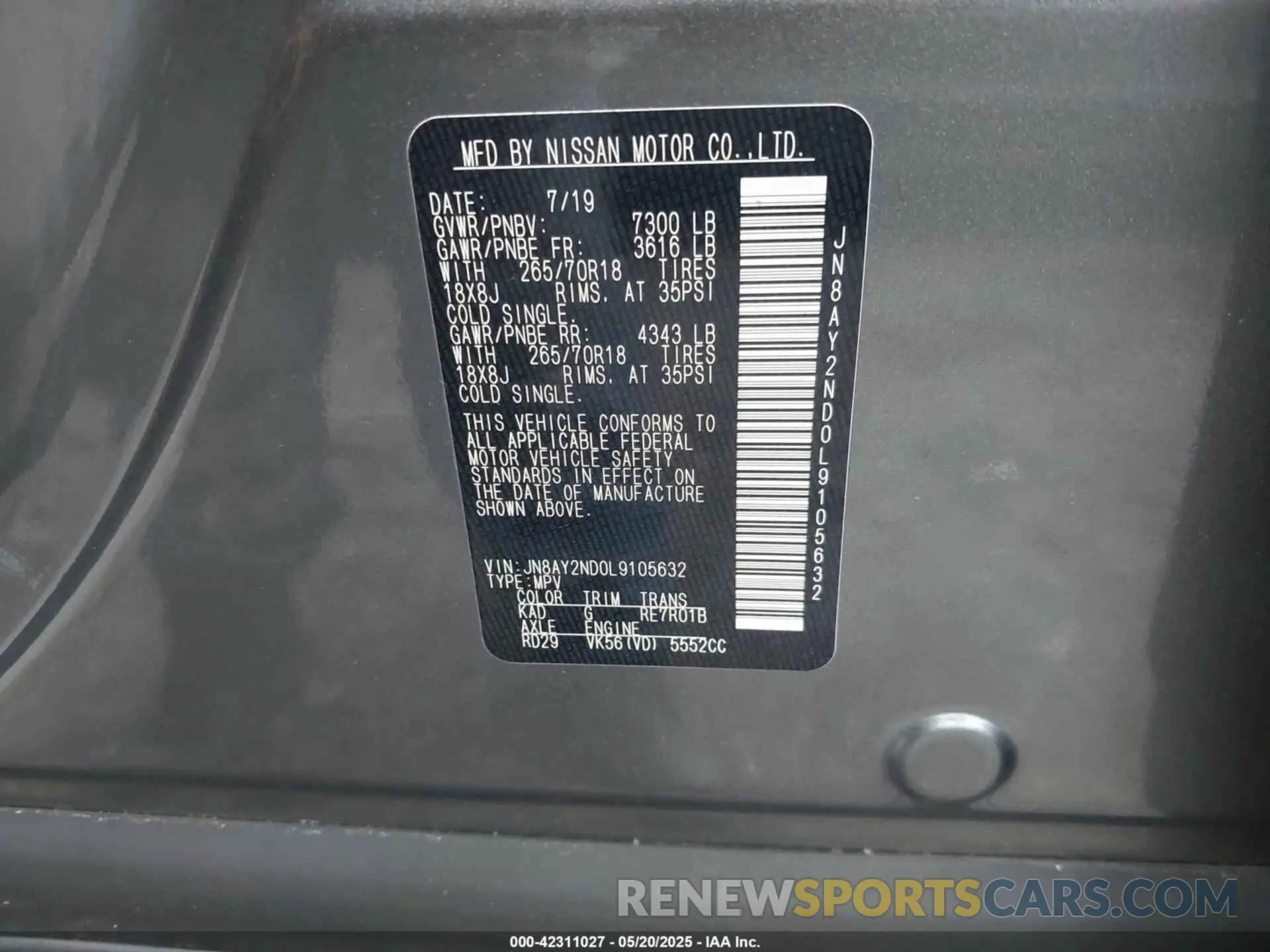 9 Photograph of a damaged car JN8AY2ND0L9105632 NISSAN ARMADA 2020