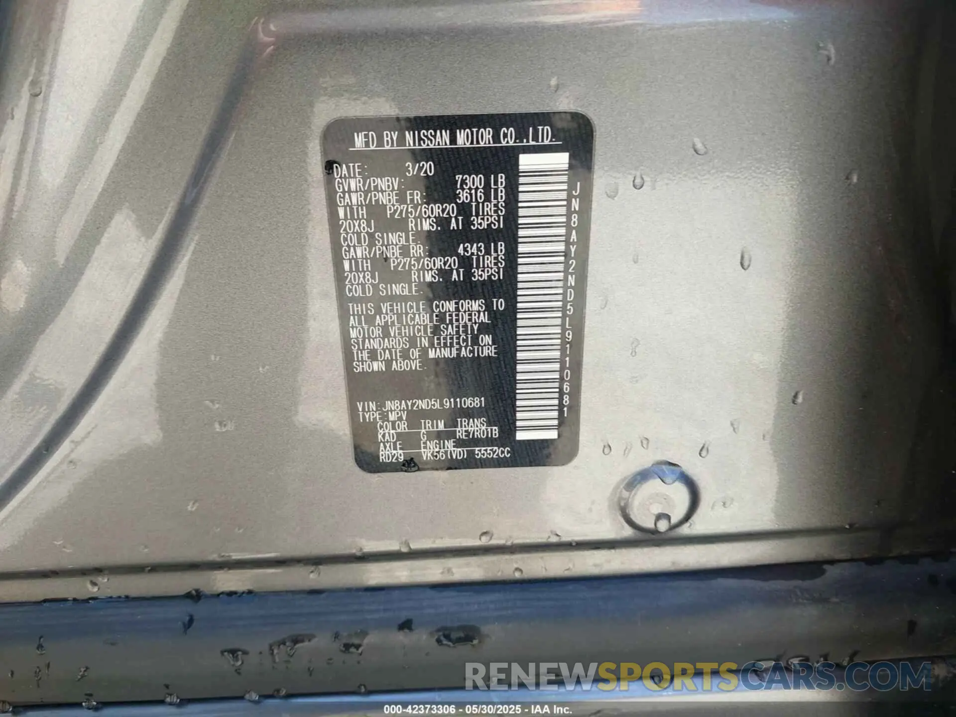 9 Photograph of a damaged car JN8AY2ND5L9110681 NISSAN ARMADA 2020